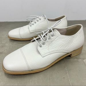 Karen White Pebbled Leather Lace Up Cap Square Toe Loafers